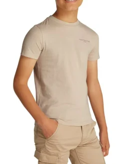T-shirt en coton régénératif beige uni à coupe droite, col rond et logo
