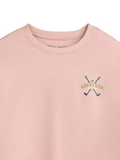 T-shirt en coton rose imprimé à coupe droite pourvu d'un col rond