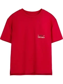 T-shirt en coton rouge imprimé à la poitrine et au dos avec un col rond
