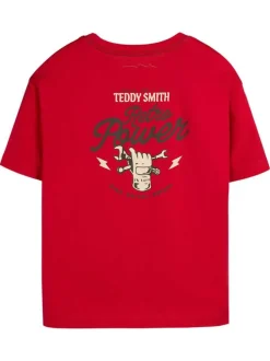 T-shirt en coton rouge imprimé à la poitrine et au dos avec un col rond