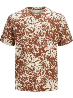 T-shirt en coton rouille imprimé à motif floral avec coupe droite et col rond