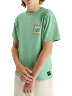 T-shirt en coton vert à coupe droite pourvu d'un col rond côtelé