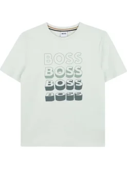 T-shirt en coton vert d'eau à coupe droite pourvu du nom de la marque