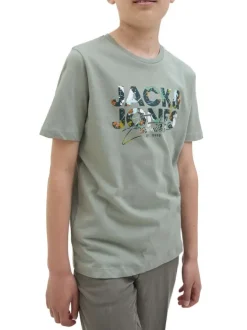 T-shirt en coton vert d'eau imprimé avec un col rond et une coupe droite