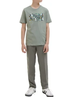 T-shirt en coton vert d'eau imprimé avec un col rond et une coupe droite