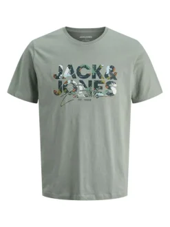 T-shirt en coton vert d'eau imprimé avec un col rond et une coupe droite