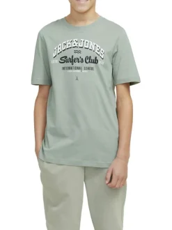 T-shirt en coton vert d'eau à coupe droite avec col rond et logo noir et blanc