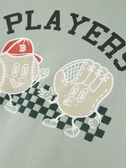 T-shirt en coton vert pâle imprimé pourvu d'un col rond et de manches longues