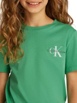 T-shirt en coton vert uni avec un col rond et le logo de la marque imprimé