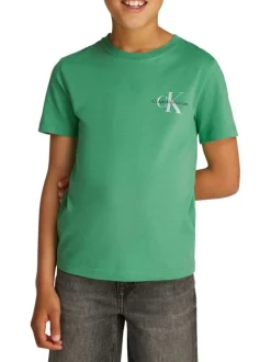 T-shirt en coton vert uni avec un col rond et le logo de la marque imprimé