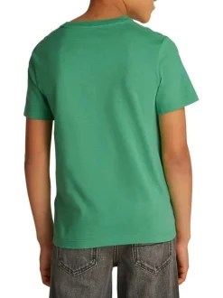T-shirt en coton vert uni avec un col rond et le logo de la marque imprimé