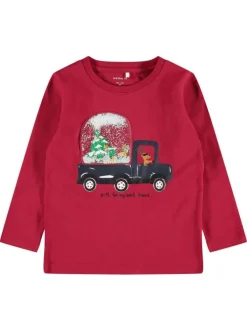 T-Shirt fantaisie manches longues et à col rond rouge en coton biologique