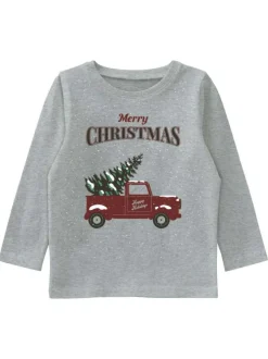 T-Shirt fantaisie manches longues et à col rond gris en coton