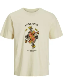 T-shirt manches courtes en coton écru imprimé avec coupe ample et col rond