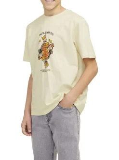 T-shirt manches courtes en coton écru imprimé avec coupe ample et col rond