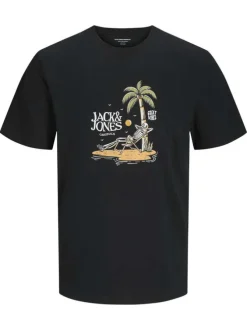 T-shirt manches courtes en coton noir imprimé plage à col rond et coupe regular