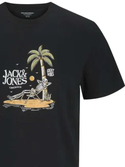 T-shirt manches courtes en coton noir imprimé plage à col rond et coupe regular