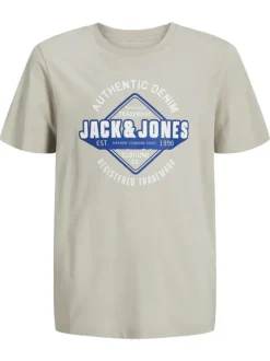 T-shirt manches courtes en coton beige avec col rond et logo bleu et blanc