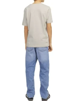 T-shirt manches courtes en coton beige avec col rond et logo bleu et blanc