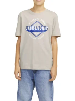 T-shirt manches courtes en coton beige avec col rond et logo bleu et blanc