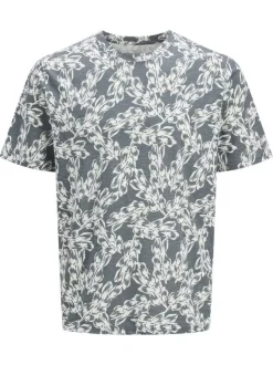 T-shirt manches courtes en coton bleu imprimé à motif floral avec un col rond