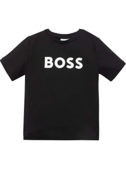 T-shirt manches courtes noir en coton à coupe droite avec logo blanc et col rond