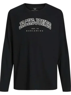 T-shirt manches longues en coton noir uni avec une coupe droite et un col rond