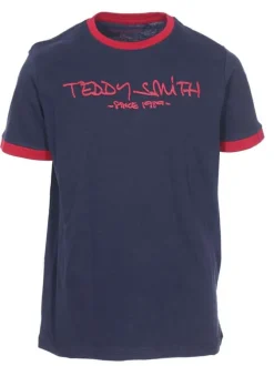 T-Shirt marine en coton avec une coupe droite et à col rond rouge avec marque centrale