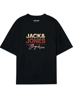T-shirt noir en coton avec logo imprimé, col rond et manches courtes