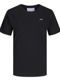 T-shirt Anna en coton biologique mélangé noir avec col rond et logo blanc floqué