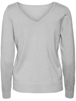 T-shirt anthracite uni en lurex à une coupe droite, col v et à manches longues