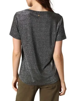 T-shirt argenté incrusté de fils lurex avec un col v et des manches courtes