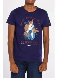 T-shirt avec imprimé perroquet pour homme bleu en coton coupe droite