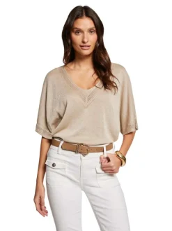 T-shirt beige en lurex avec une coupe droite un col v et des manches courtes