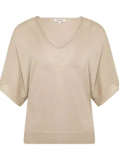 T-shirt beige en lurex avec une coupe droite un col v et des manches courtes