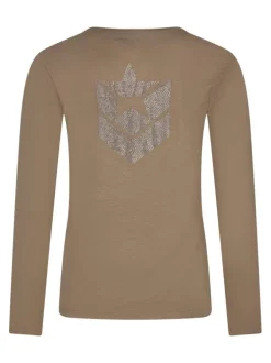 T-shirt beige imprimé à coupe droite avec un col V et des manches longues