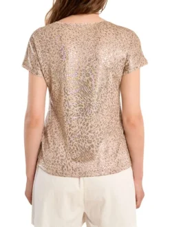 T-shirt beige à motifs pourvu de manches courtes et d'un col v