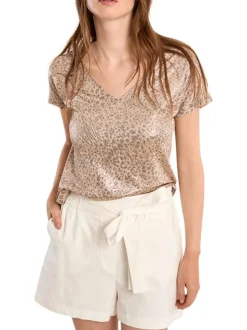 T-shirt beige à motifs pourvu de manches courtes et d'un col v