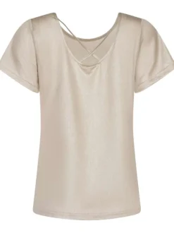 T-shirt beige pailleté à coupe droite col v et à manches courtes