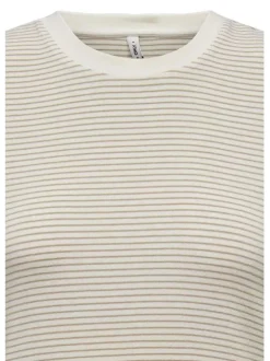 T-shirt beige rayé coupe droite col rond et à manches courtes