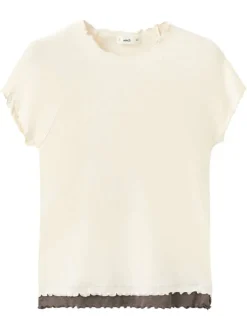 T-shirt beige uni avec une coupe ajustée et un col rond plissé