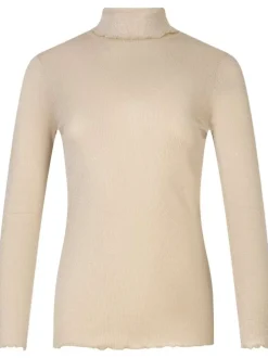 T-shirt beige uni avec une coupe droite à col montant et à paillettes