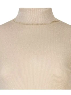 T-shirt beige uni avec une coupe droite à col montant et à paillettes