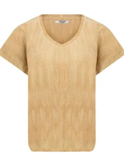 T-shirt beige uni droit à col v et à manches courtes en velours texturé