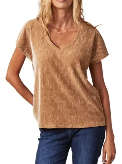 T-shirt beige uni droit à col v et à manches courtes en velours texturé