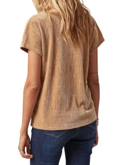 T-shirt beige uni droit à col v et à manches courtes en velours texturé