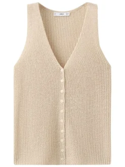 T-shirt beige uni sans manche pourvu d'une coupe droite et d'un col v