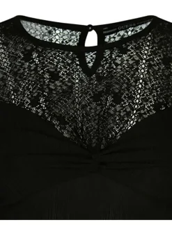 T-shirt bi-matière noir uni en coton mélangé col rond