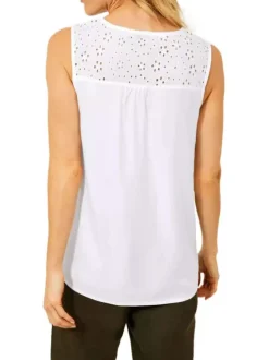 T-shirt blanc avec empiècement ajouré coupe droite col v sans manches