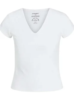 T-shirt blanc côtelé avec une coupe près du corps et un col v
